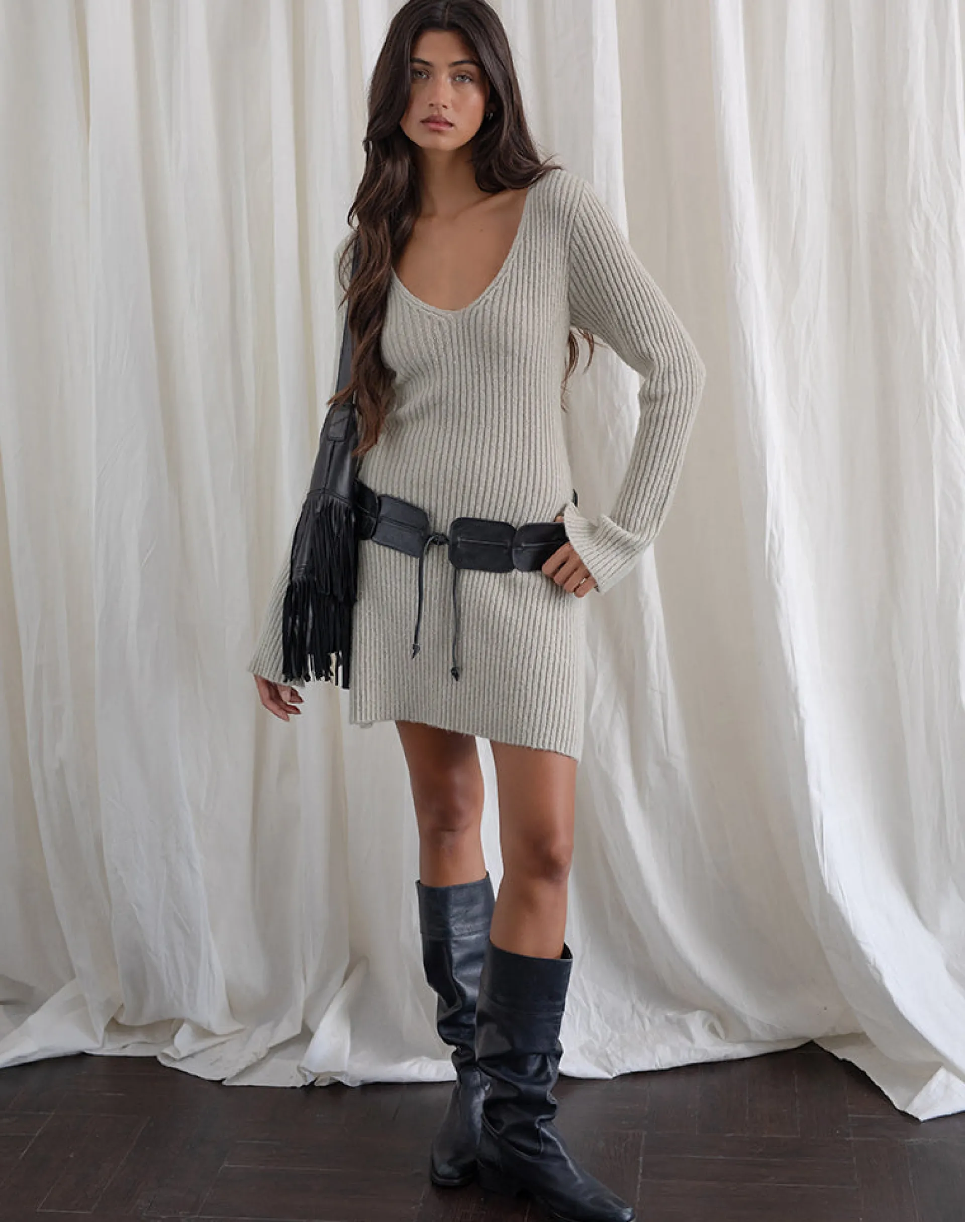 Motel Rocks Bodycon Dresses | Long Sleeve Dresses-Meghan Dress in Wider Rib Knit Ecru