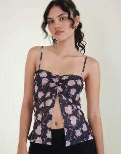 Motel Rocks Printed Tops | Strappy Tops-Megumi Top in Falling Rose Jet Black