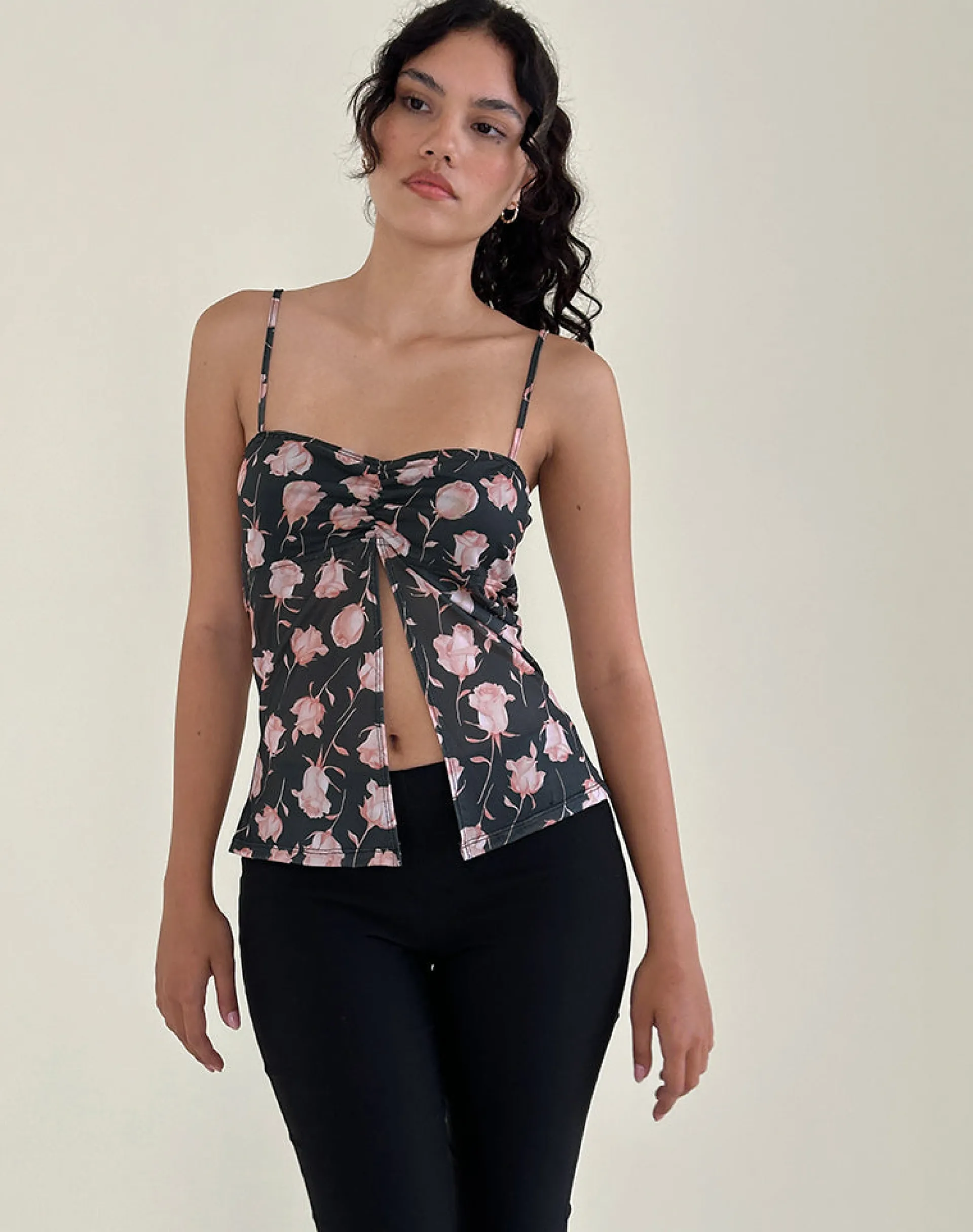 Motel Rocks Printed Tops | Strappy Tops-Megumi Top in Falling Rose Jet Black