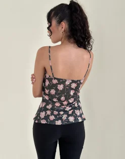 Motel Rocks Printed Tops | Strappy Tops-Megumi Top in Falling Rose Jet Black