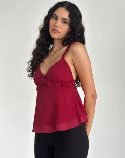 Motel Rocks Strappy Tops | Going Out Tops-Melinda Frill Cami Top in Chiffon Deep Red ChiffonDeepRed