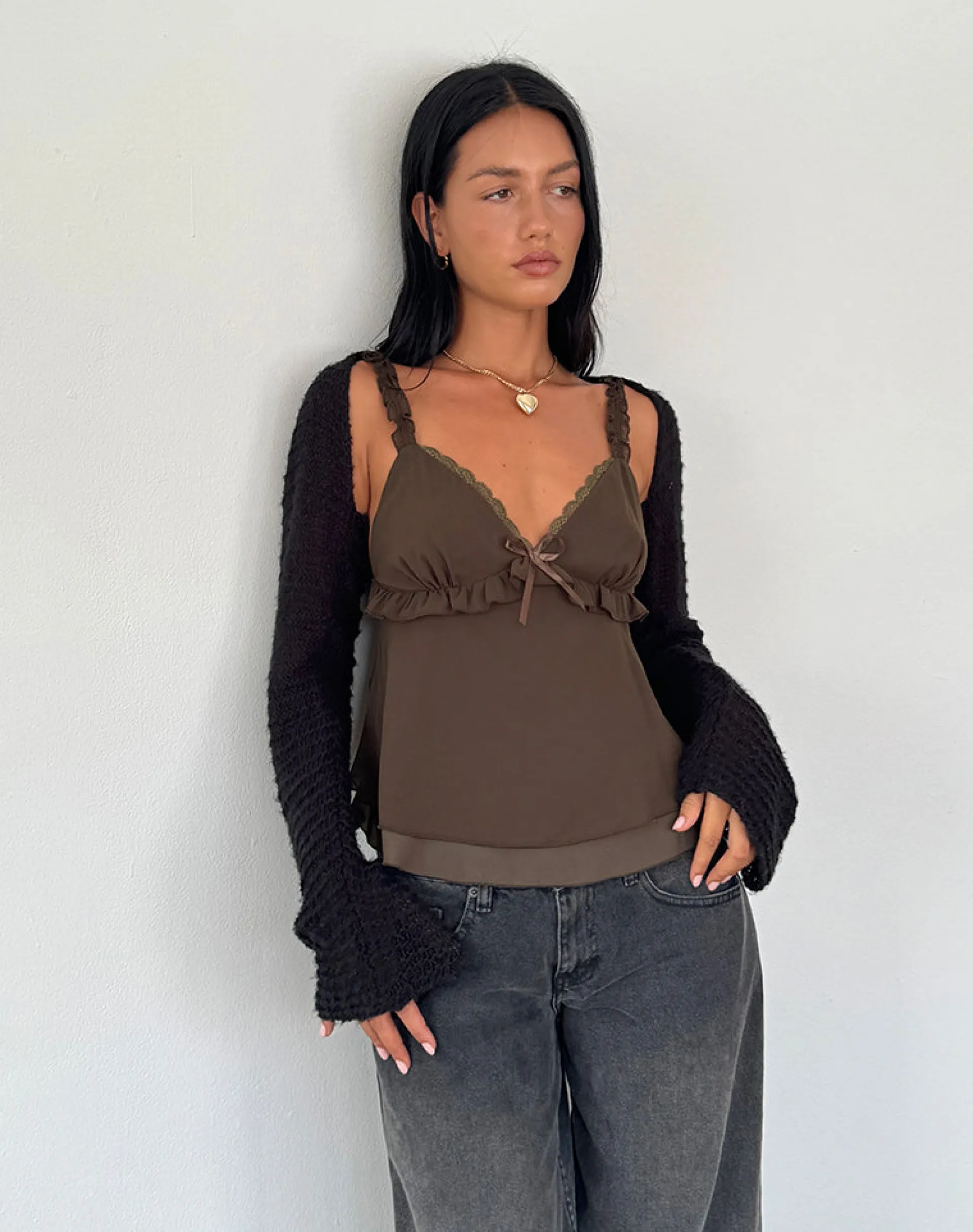 Motel Rocks Strappy Tops | Going Out Tops-Melinda Frill Cami Top in Chiffon Olive ChiffonOlive