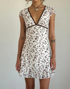 Motel Rocks Printed Dresses | Day Dresses-Melva Mini Dress in Brown Stem Flower Flock BrownStemFlowerFlock