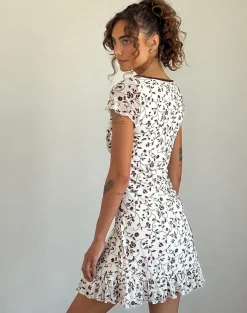 Motel Rocks Printed Dresses | Day Dresses-Melva Mini Dress in Brown Stem Flower Flock BrownStemFlowerFlock