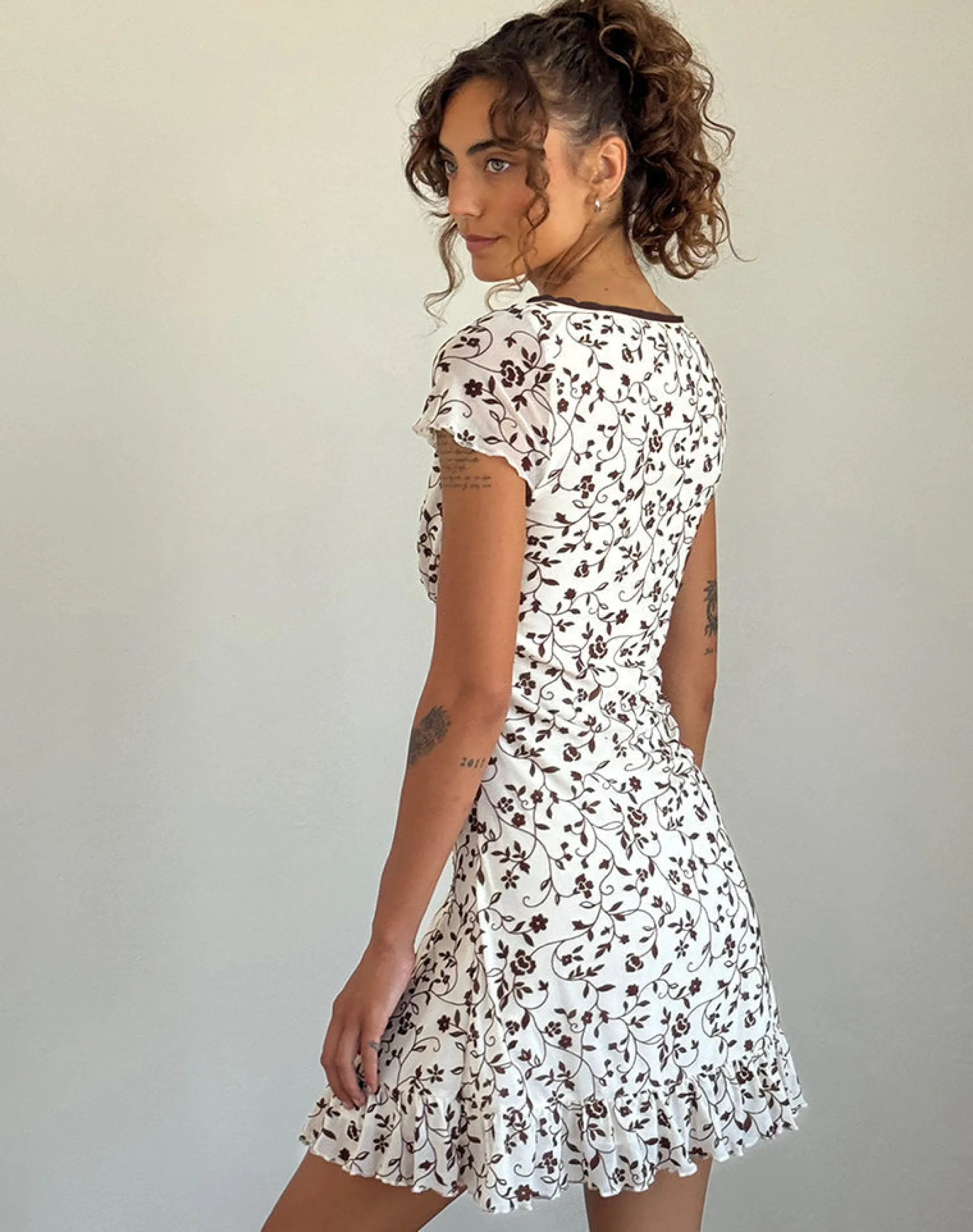 Motel Rocks Printed Dresses | Day Dresses-Melva Mini Dress in Brown Stem Flower Flock BrownStemFlowerFlock