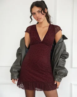 Motel Rocks Mini Dresses-Melva Mini Dress in Ditsy Flock Burnt Maroon DitsyFlockBurntMaroon