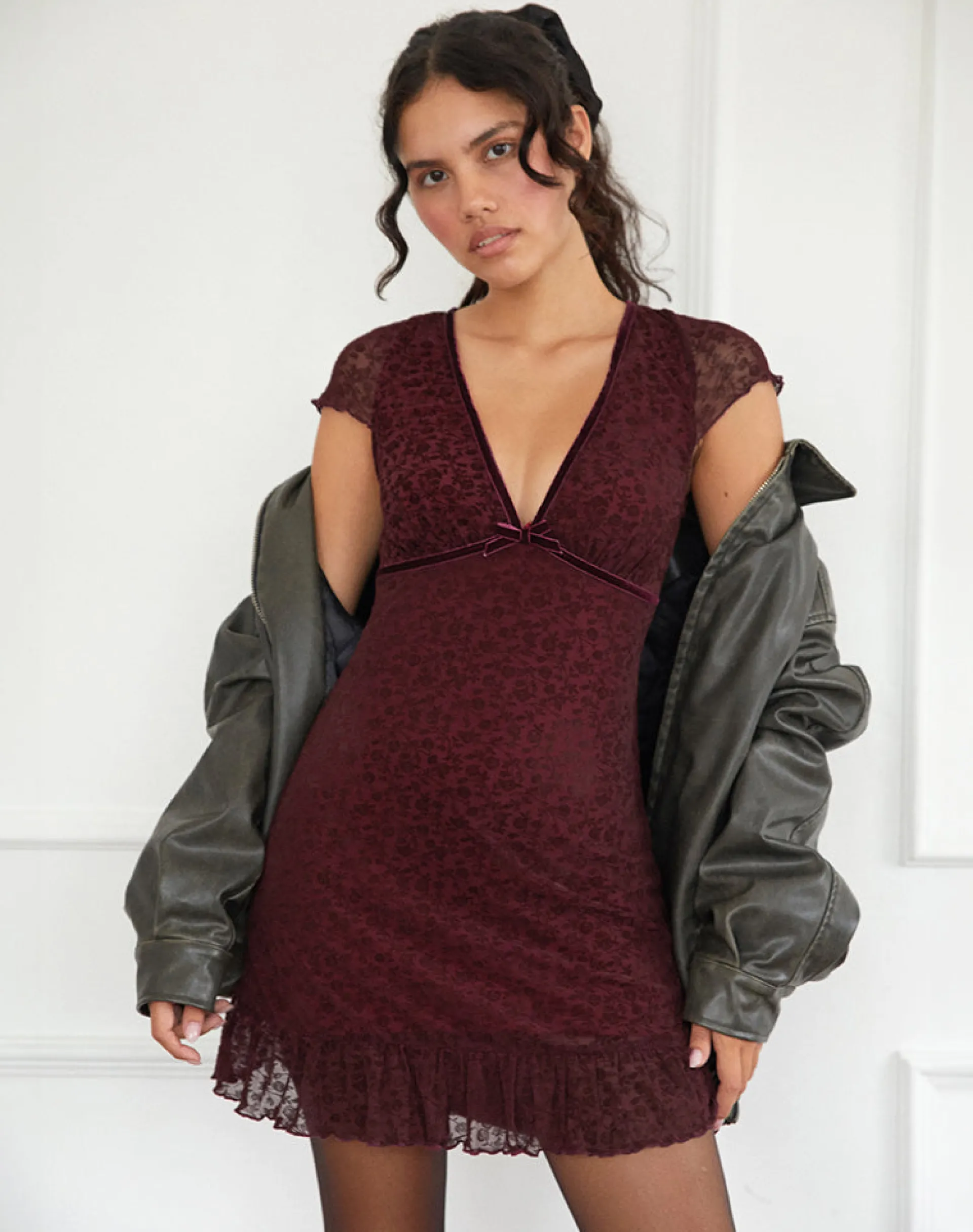 Motel Rocks Mini Dresses-Melva Mini Dress in Ditsy Flock Burnt Maroon DitsyFlockBurntMaroon
