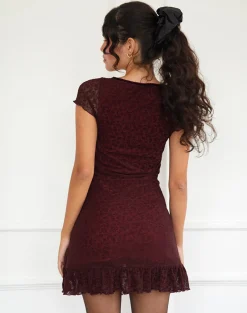 Motel Rocks Mini Dresses-Melva Mini Dress in Ditsy Flock Burnt Maroon DitsyFlockBurntMaroon