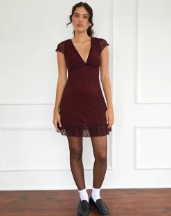Motel Rocks Mini Dresses-Melva Mini Dress in Ditsy Flock Burnt Maroon DitsyFlockBurntMaroon