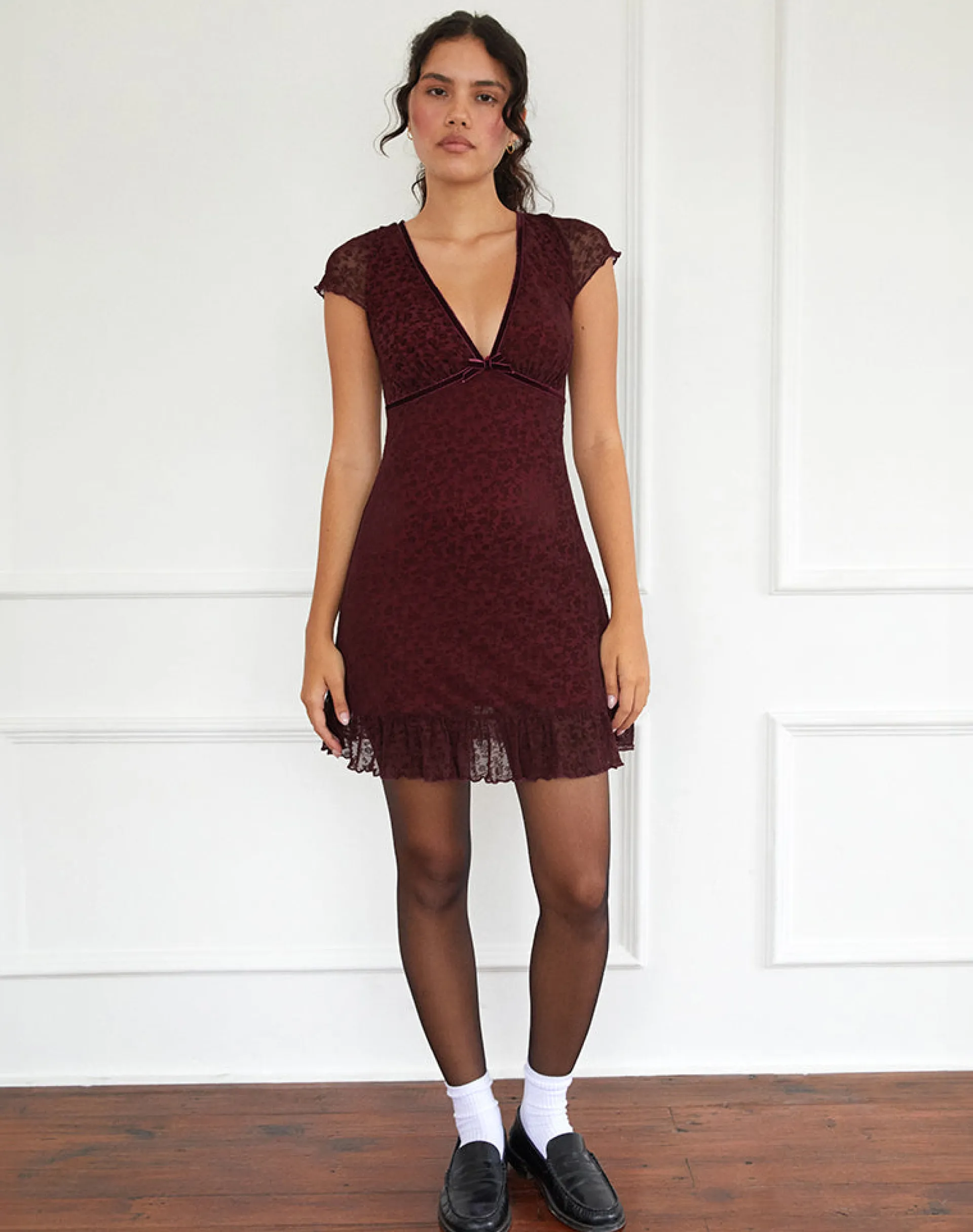 Motel Rocks Mini Dresses-Melva Mini Dress in Ditsy Flock Burnt Maroon DitsyFlockBurntMaroon