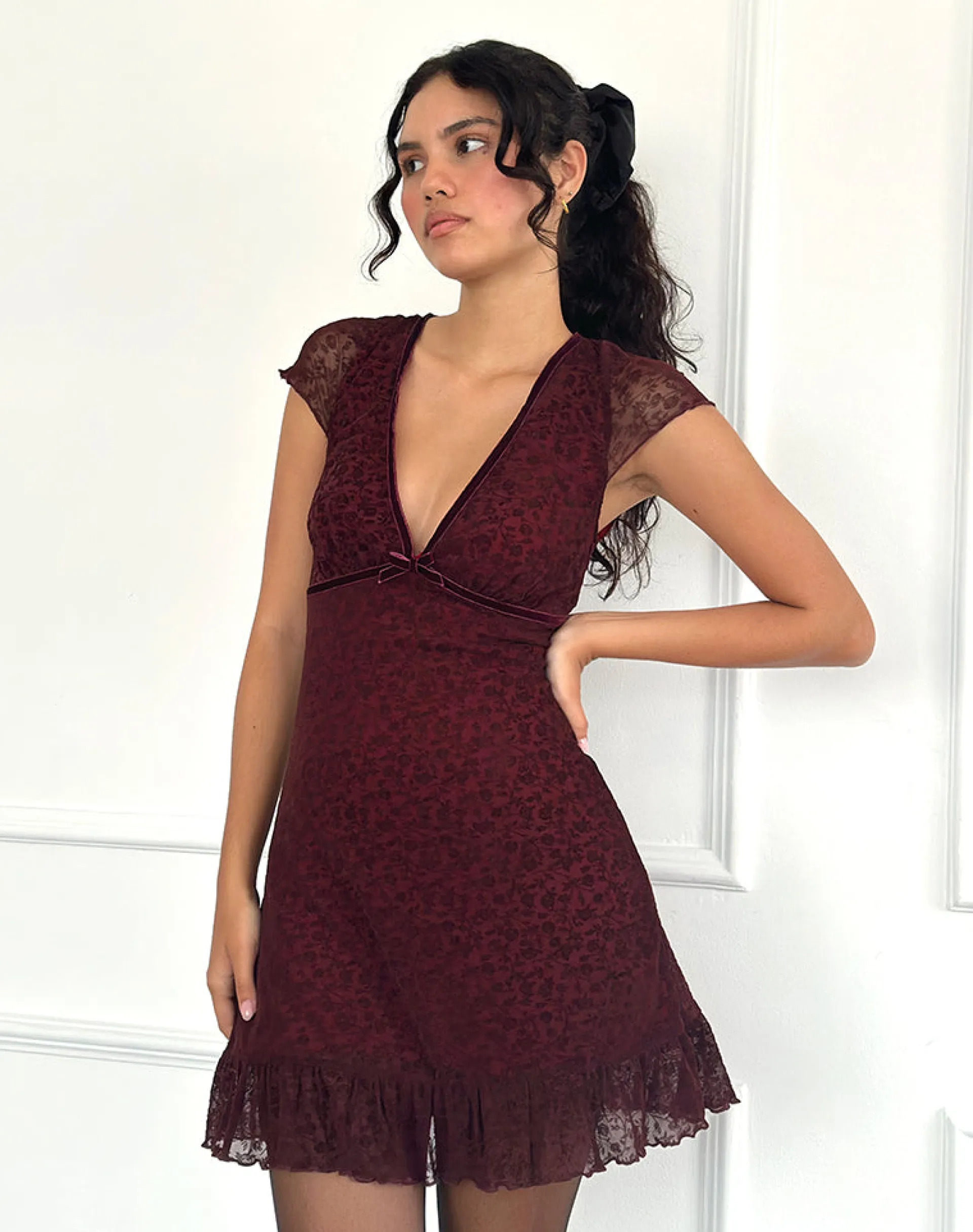 Motel Rocks Mini Dresses-Melva Mini Dress in Ditsy Flock Burnt Maroon DitsyFlockBurntMaroon