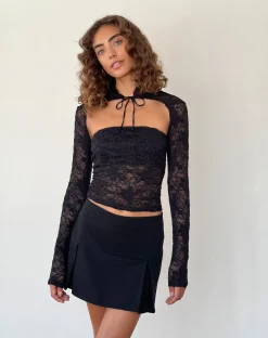 Motel Rocks Long Sleeve Tops | Going Out Tops-Melvina Bandeau Top and Shrug Set in Lace Black