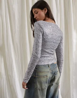 Motel Rocks Sequin Tops | Long Sleeve Tops-Meraga Tie Front Top in Silver Sequin