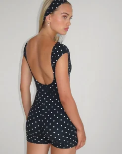 Motel Rocks Jumpsuits & Rompers-Meredith Backless Playsuit in Polka Black