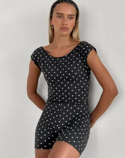 Motel Rocks Jumpsuits & Rompers-Meredith Backless Playsuit in Polka Black