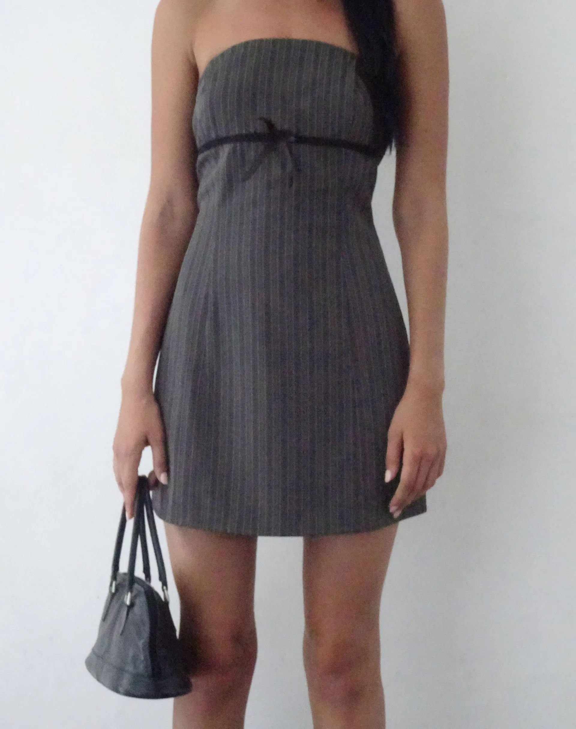 Motel Rocks Printed Dresses | Day Dresses-Merila Bandeau Mini Dress in Pinstripe Grey greypinstripe