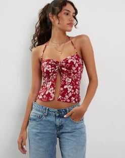 Motel Rocks Printed Tops | Strappy Tops-Metra Twist Front Top in Berry Blush Floral