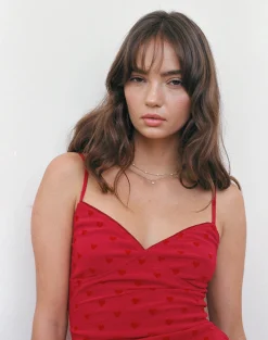 Motel Rocks Printed Dresses | Day Dresses-Micaya Mini Dress in Red Heart Flocked Mesh RedHeartFlockedMesh