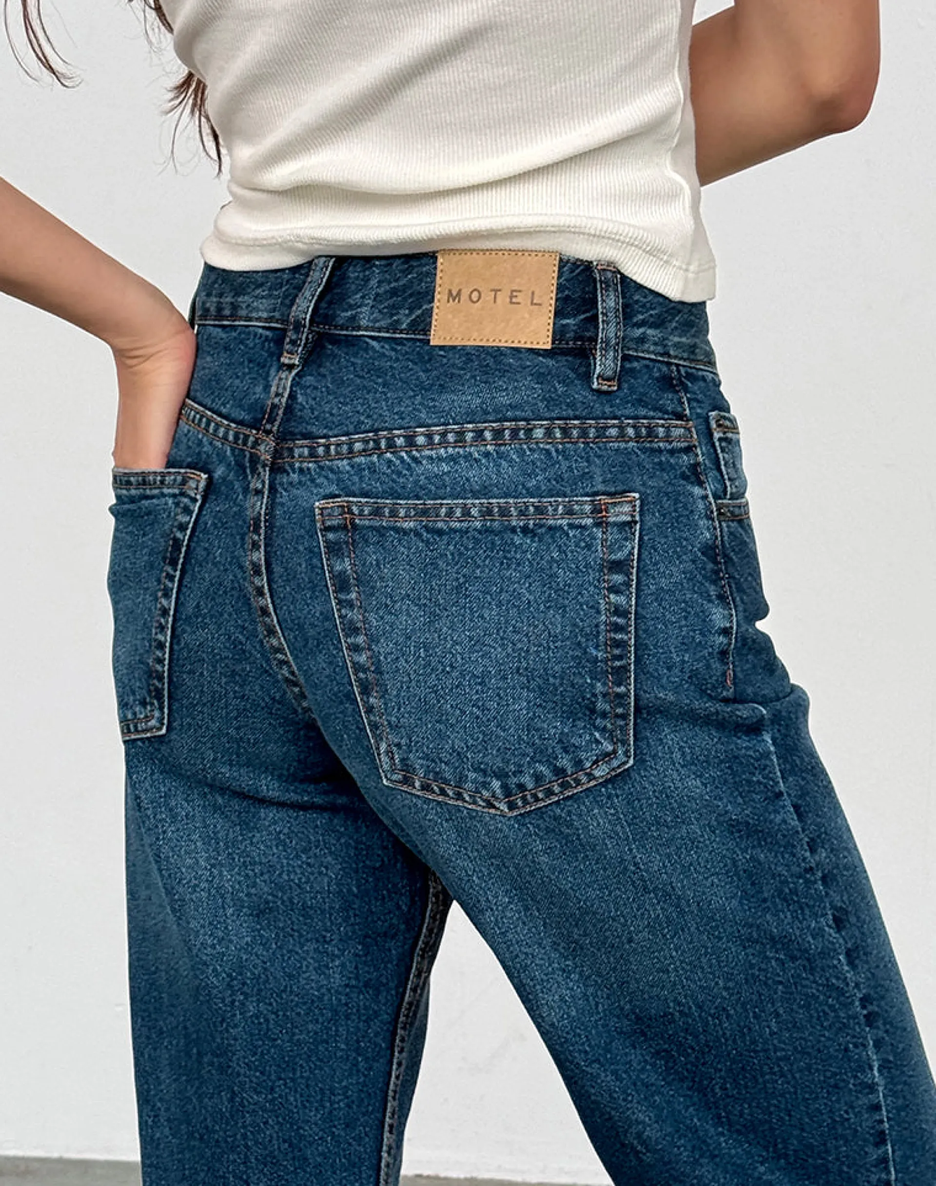 Motel Rocks Low Rise Pants | Jeans-Mid Rise Slim Parallel Jeans in Mid Blue Used MidBlueUsed