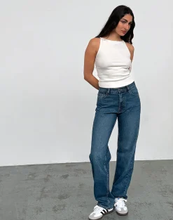 Motel Rocks Low Rise Pants | Jeans-Mid Rise Slim Parallel Jeans in Mid Blue Used MidBlueUsed
