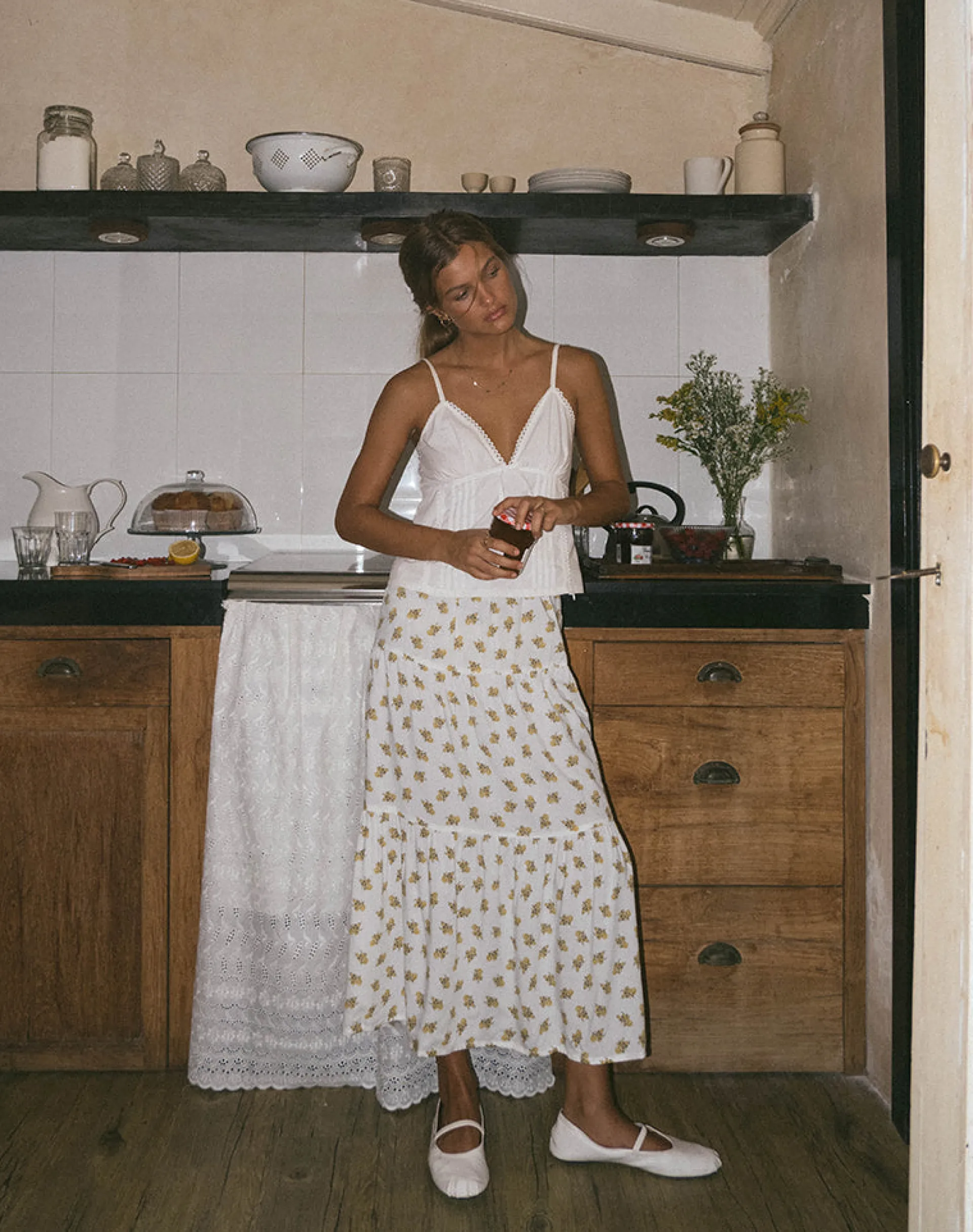 Motel Rocks Co-Ords | Printed Skirts-Midaxi Skirt in Funshine Floral Off White