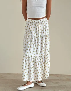 Motel Rocks Co-Ords | Printed Skirts-Midaxi Skirt in Funshine Floral Off White