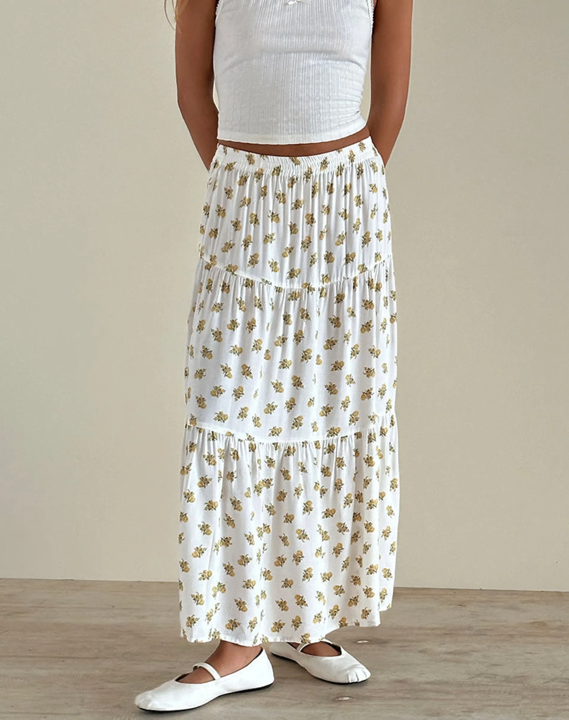 Motel Rocks Co-Ords | Printed Skirts-Midaxi Skirt in Funshine Floral Off White