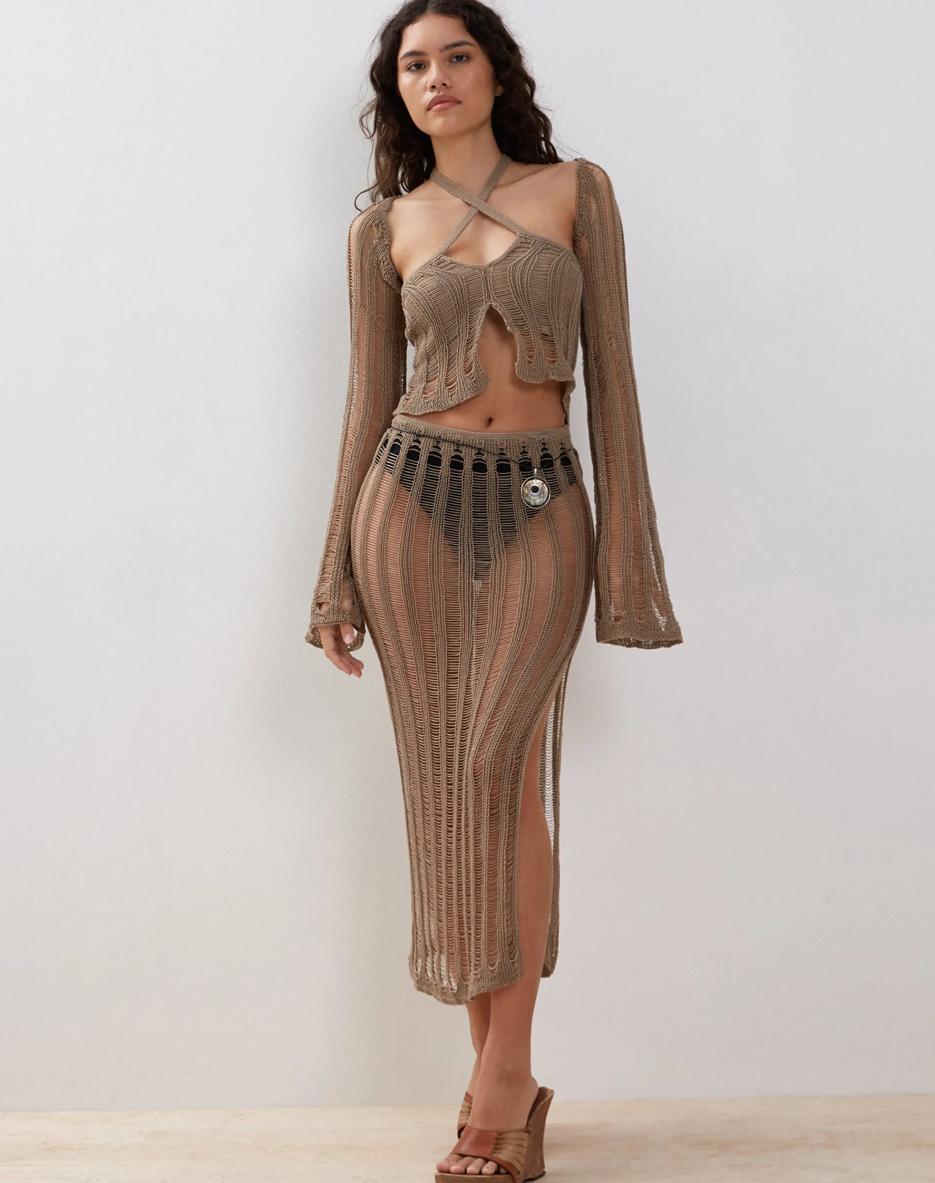 Motel Rocks Long Sleeve Tops-Mika Knitted Shrug in Desert Taupe