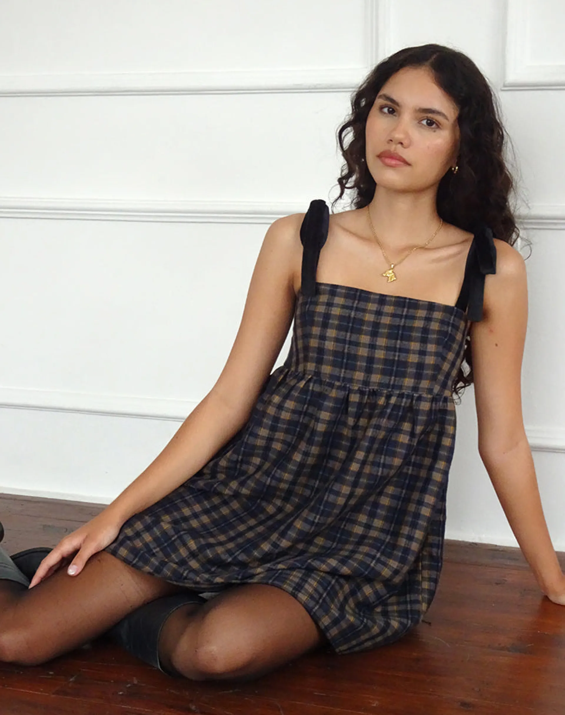 Motel Rocks Printed Dresses | Day Dresses-Mikayla Square Neck Mini Dress in Navy and Mustard Check