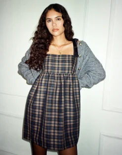 Motel Rocks Printed Dresses | Day Dresses-Mikayla Square Neck Mini Dress in Navy and Mustard Check