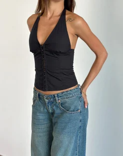 Motel Rocks Basic Tops | Vest Tops-Miken Halterneck Vest Top in Black