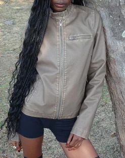 Motel Rocks Pu Jackets-Mildred Distressed Biker Jacket in PU Olive
