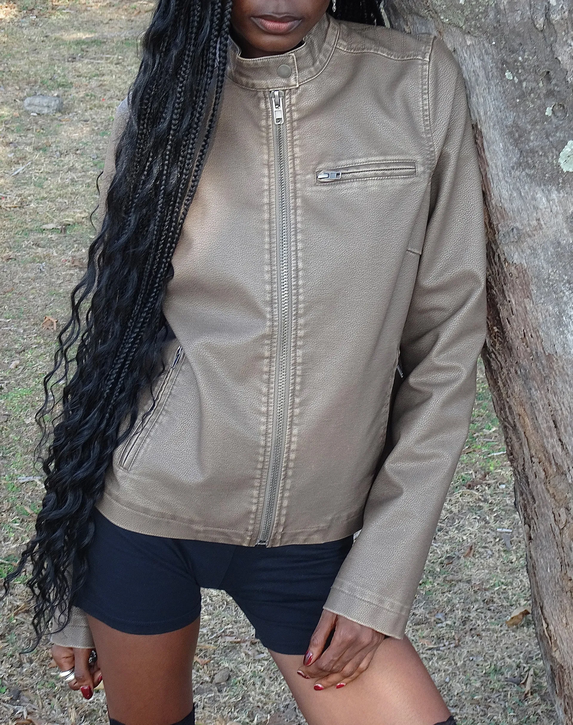 Motel Rocks Pu Jackets-Mildred Distressed Biker Jacket in PU Olive