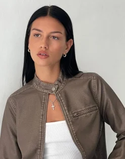 Motel Rocks Pu Jackets-Mildred Distressed Biker Jacket in PU Olive