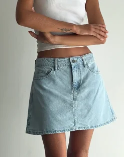 Motel Rocks A Line Skirts | Denim Skirts-Mini A-Line Skirt in Denim Blue Bleach DenimBlueBleach