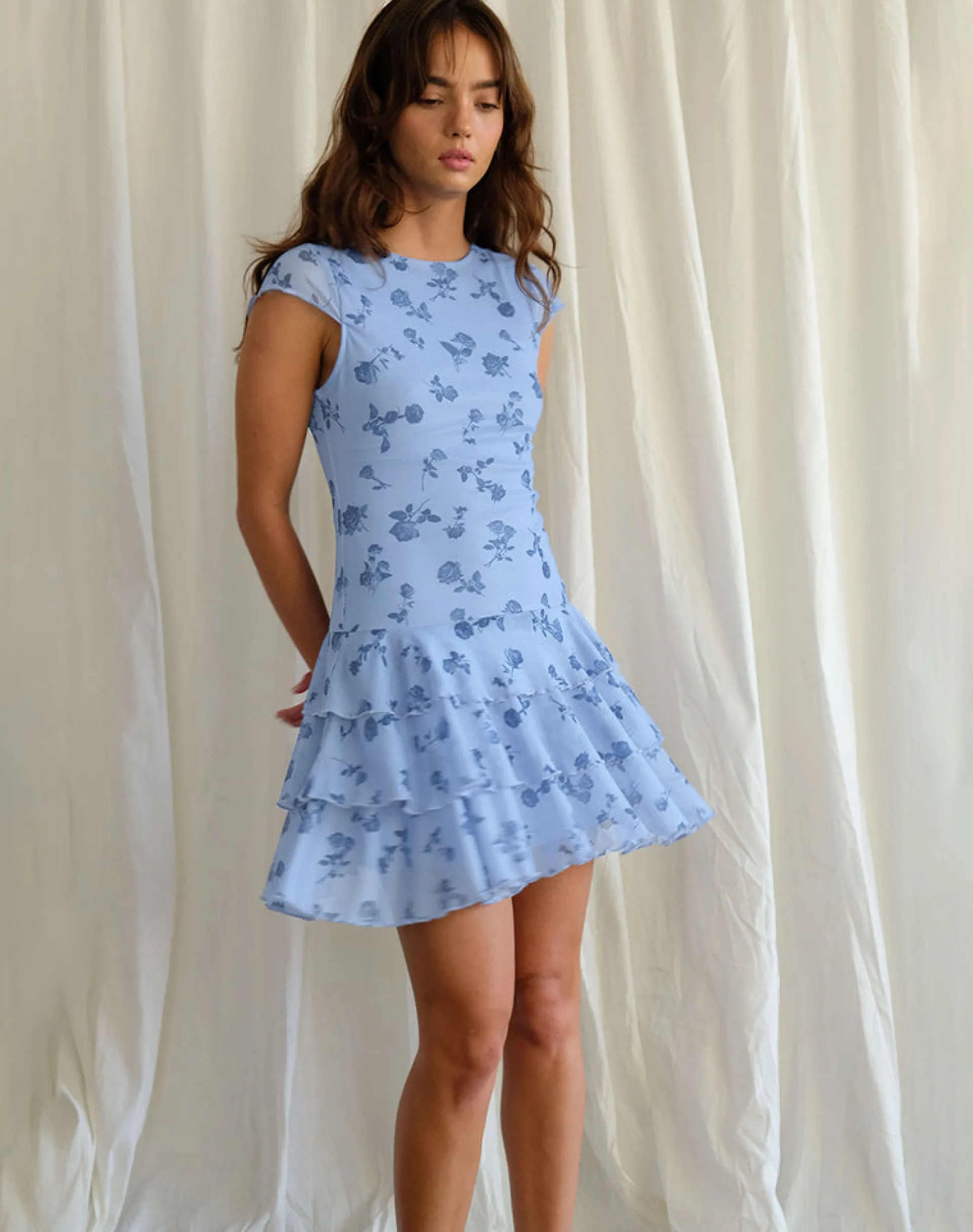 Motel Rocks Printed Dresses | Day Dresses-Mirtilo Mini Dress in Inky Blue Floral Mesh