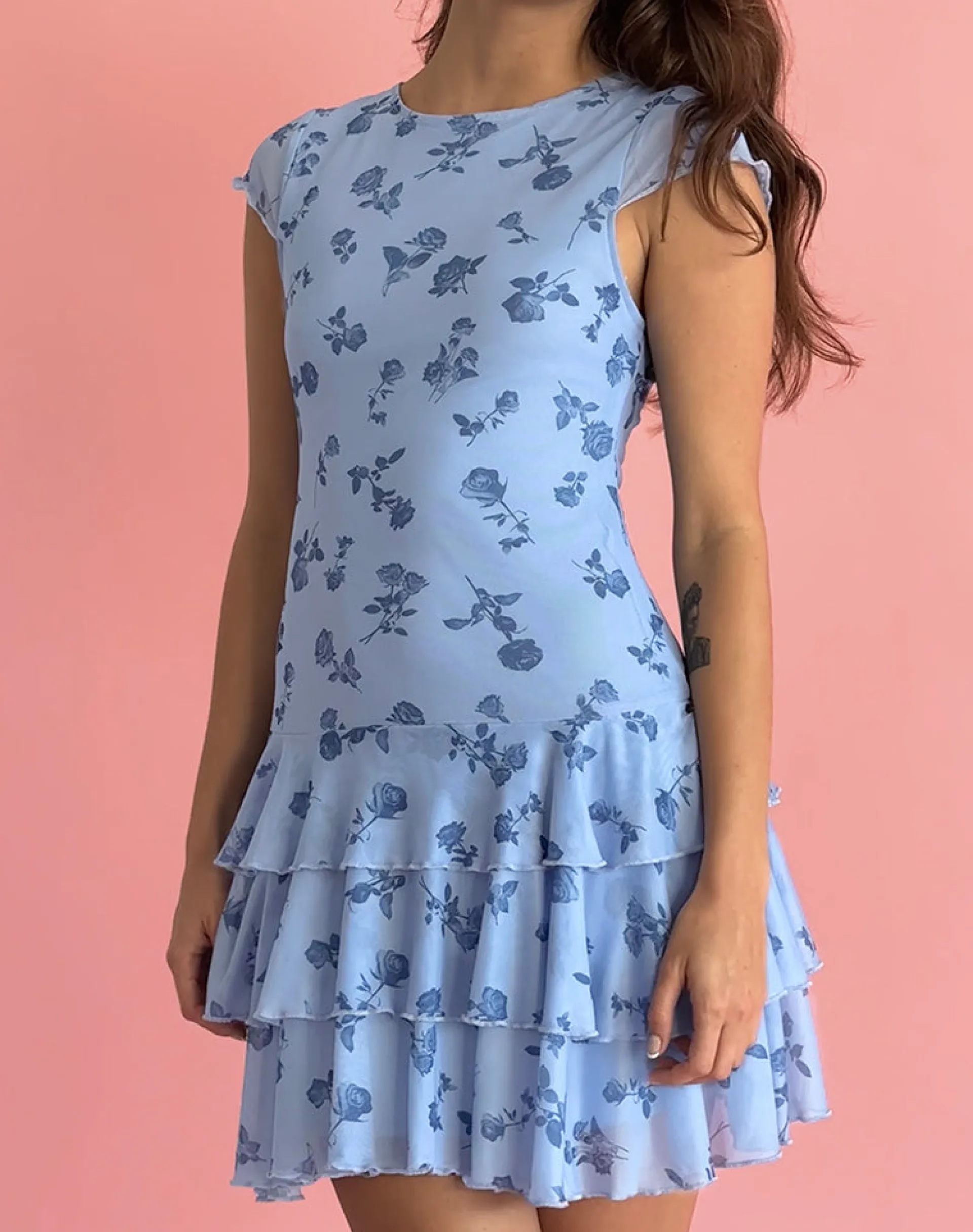 Motel Rocks Printed Dresses | Day Dresses-Mirtilo Mini Dress in Inky Blue Floral Mesh