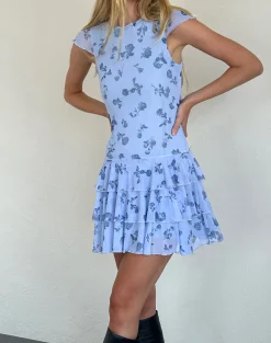 Motel Rocks Printed Dresses | Day Dresses-Mirtilo Mini Dress in Inky Blue Floral Mesh
