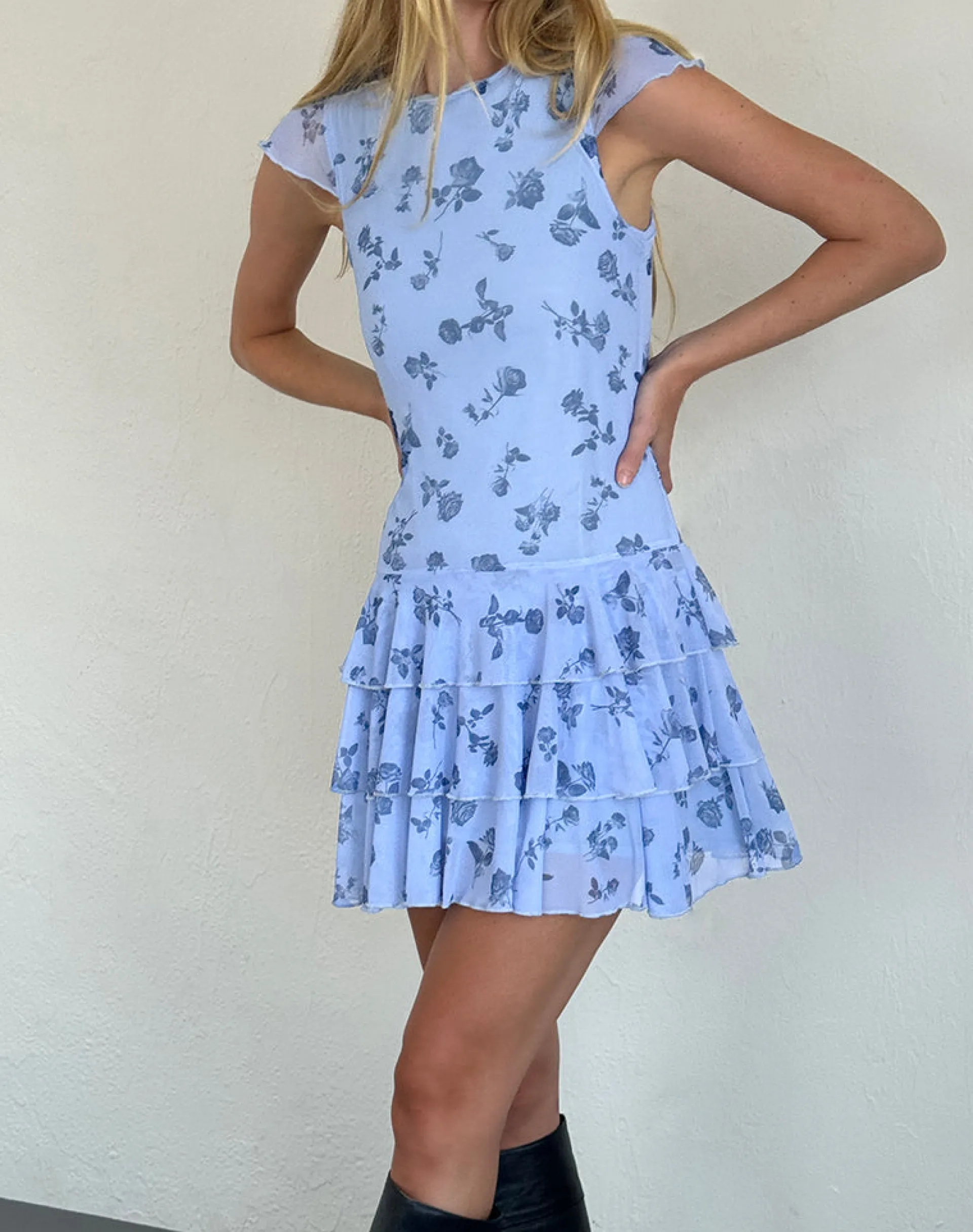 Motel Rocks Printed Dresses | Day Dresses-Mirtilo Mini Dress in Inky Blue Floral Mesh