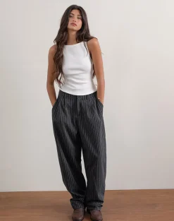 Motel Rocks Wide Leg Pants-Misha Wide Leg Trouser in Pinstripe Black PinstripeBlack