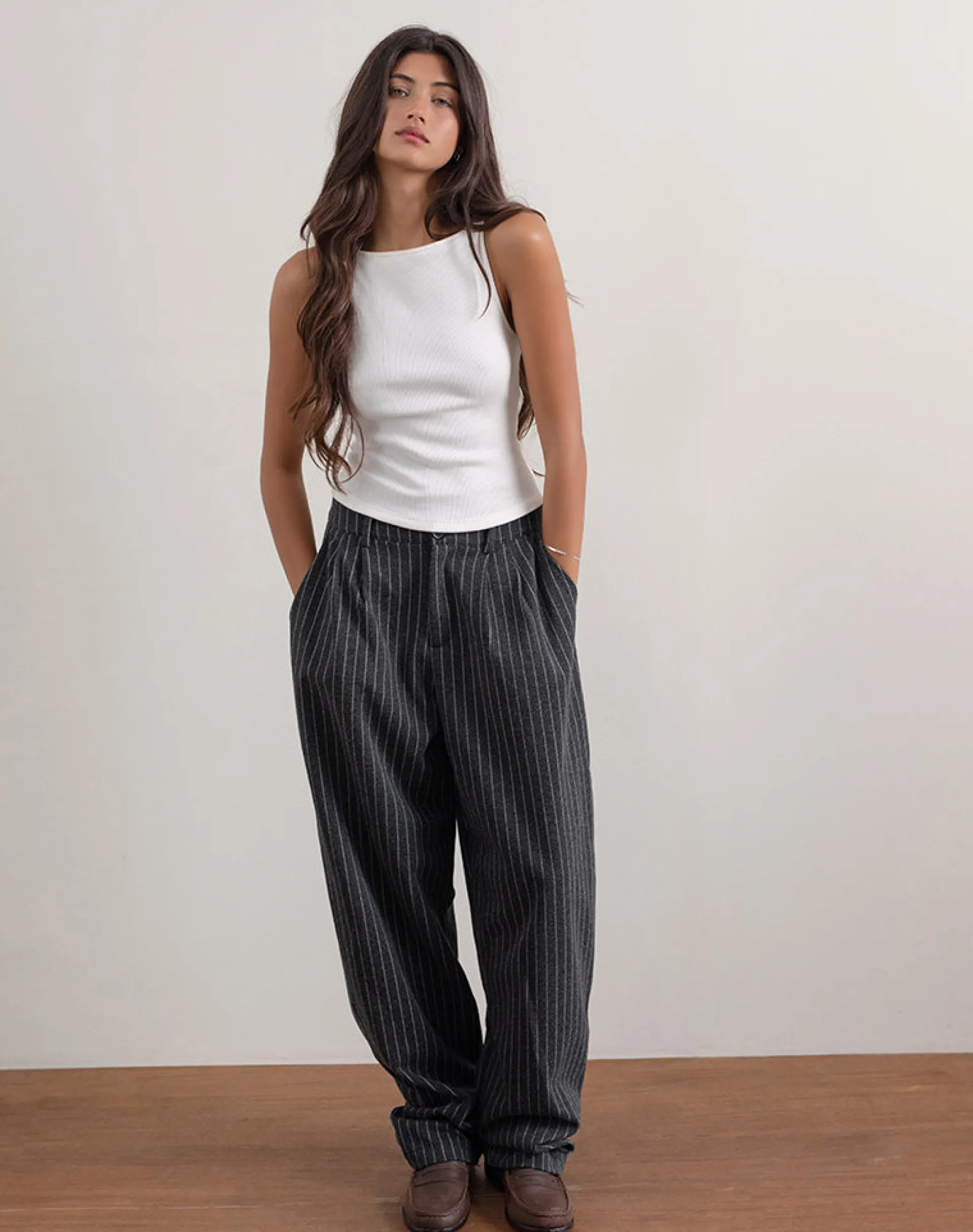 Motel Rocks Wide Leg Pants-Misha Wide Leg Trouser in Pinstripe Black PinstripeBlack