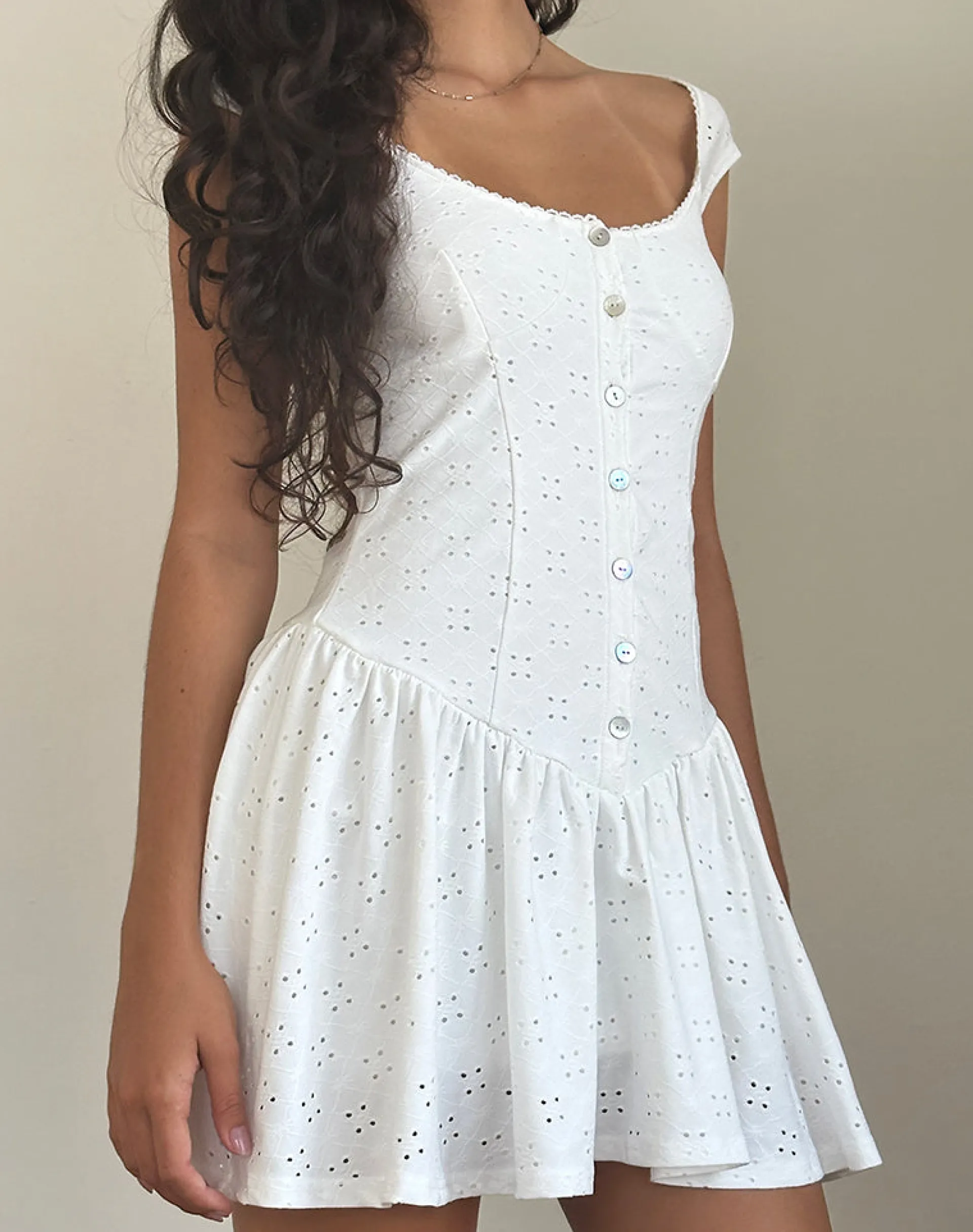 Motel Rocks Day Dresses | Mini Dresses-Misty Mini Tea Dress in Broderie White