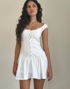 Motel Rocks Day Dresses | Mini Dresses-Misty Mini Tea Dress in Broderie White