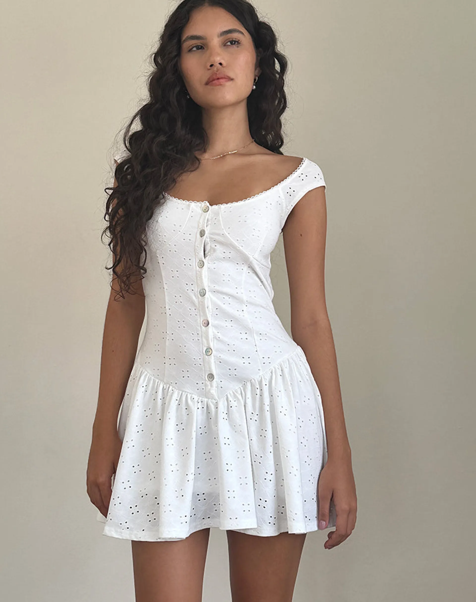 Motel Rocks Day Dresses | Mini Dresses-Misty Mini Tea Dress in Broderie White