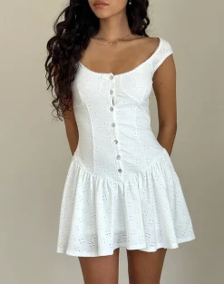 Motel Rocks Day Dresses | Mini Dresses-Misty Mini Tea Dress in Broderie White
