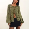 Motel Rocks Printed Tops | Long Sleeve Tops-Modeta Tie Top in Grunge Floral Khaki