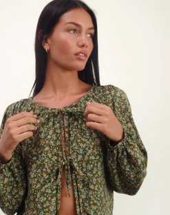 Motel Rocks Printed Tops | Long Sleeve Tops-Modeta Tie Top in Grunge Floral Khaki
