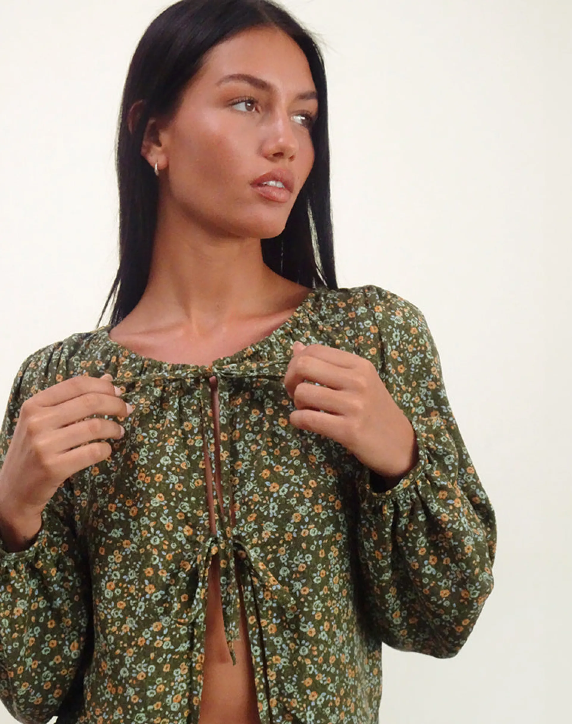 Motel Rocks Printed Tops | Long Sleeve Tops-Modeta Tie Top in Grunge Floral Khaki