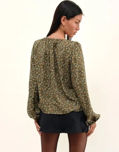 Motel Rocks Printed Tops | Long Sleeve Tops-Modeta Tie Top in Grunge Floral Khaki