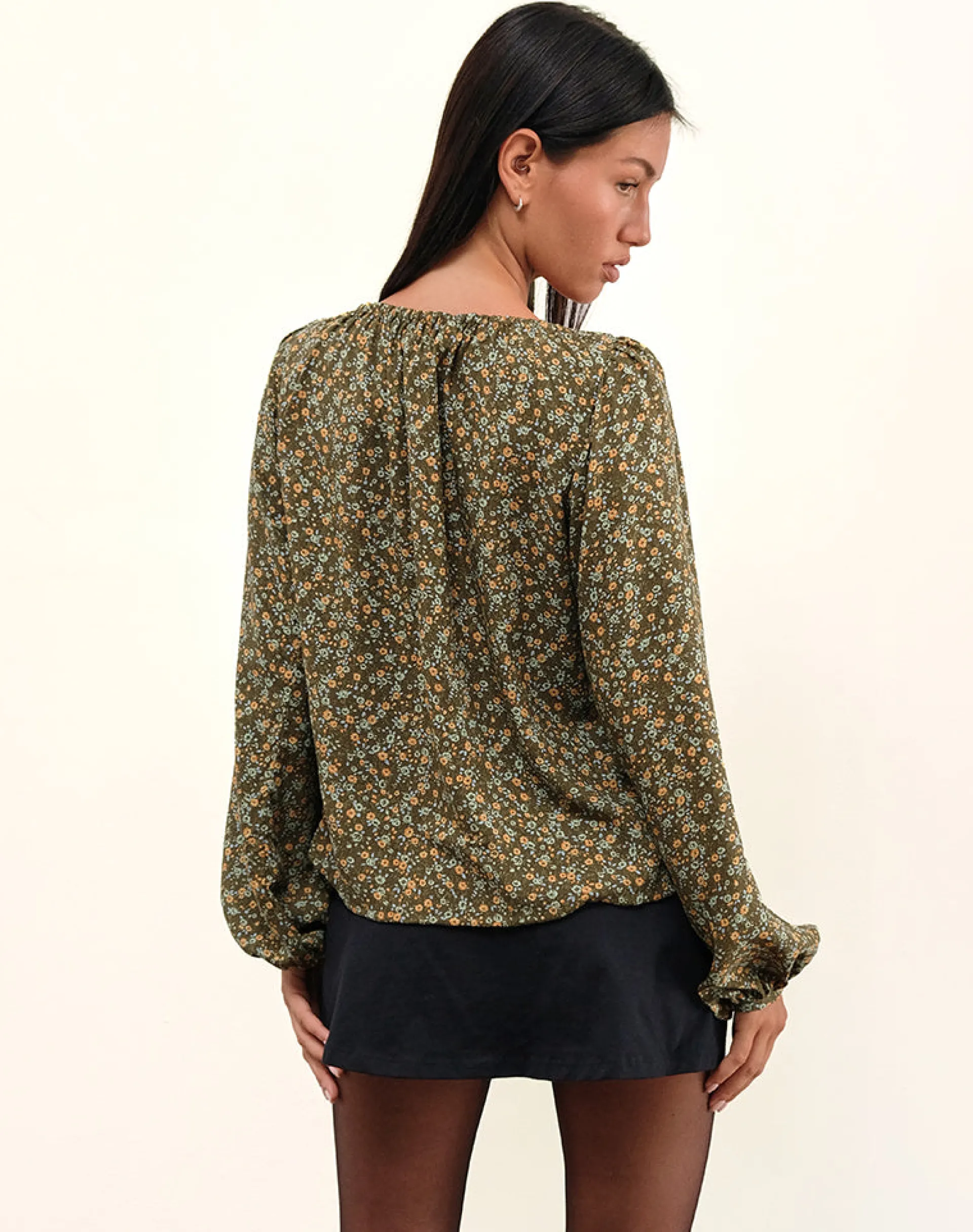 Motel Rocks Printed Tops | Long Sleeve Tops-Modeta Tie Top in Grunge Floral Khaki